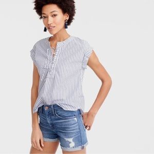 J. Crew Style G3923 100% Cotton Poplin Lace-up Front Popover Striped Blouse 💙🤍